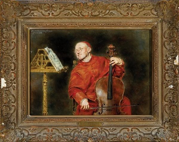 Cardinal Playing Cello Oil Painting by Antonio Casanova y Estorach