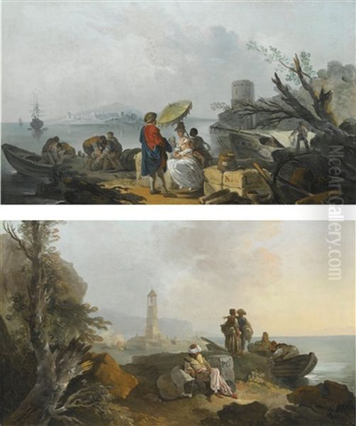 A Young Couple Resting By A Harbor; A Smoker Resting By A Harbor Oil Painting by Francesco Giuseppe Casanova