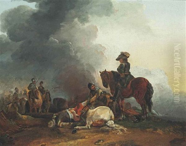 A Cavalry Officer Inspecting A Fallen Horseman Oil Painting by Francesco Giuseppe Casanova