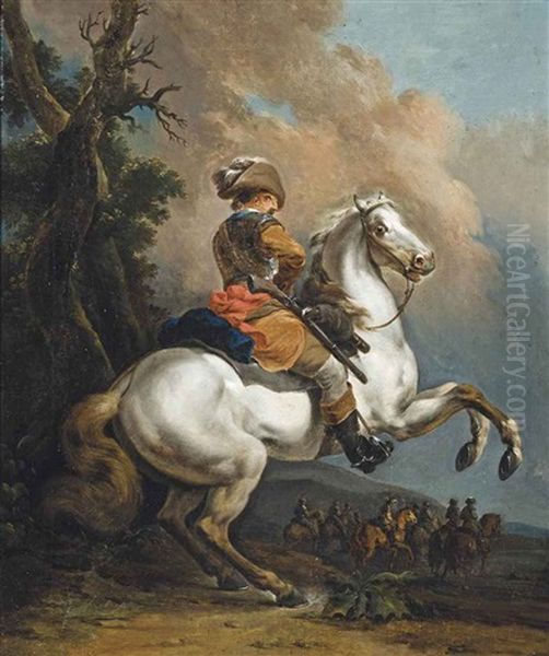 A Soldier In Armour, On A Rearing Horse In A Landscape, A Skirmish Beyond Oil Painting by Francesco Giuseppe Casanova