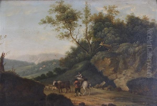 A Young Cowherd Playing A Pipe; A Husband And Wife Herding Sheep And A Cow (pair) Oil Painting by Francesco Giuseppe Casanova