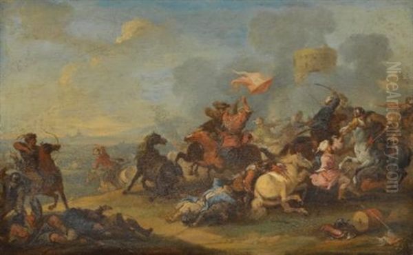 Two Battle Scenes Between Christians And Saracens (pair) Oil Painting by Francesco Giuseppe Casanova