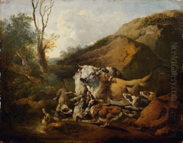 Taureau Attaque Par Des Chiens (in 3 Parts) Oil Painting by Francesco Giuseppe Casanova