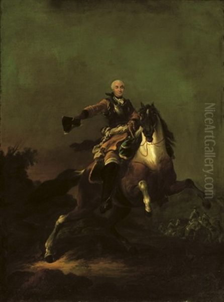 A Soldier In Armour And Ochre Coat, On A Rearing Horse In A Hilly Landscape, Cavalry Beyond (hermann Moritz, Count Of Saxony ?) Oil Painting by Francesco Giuseppe Casanova