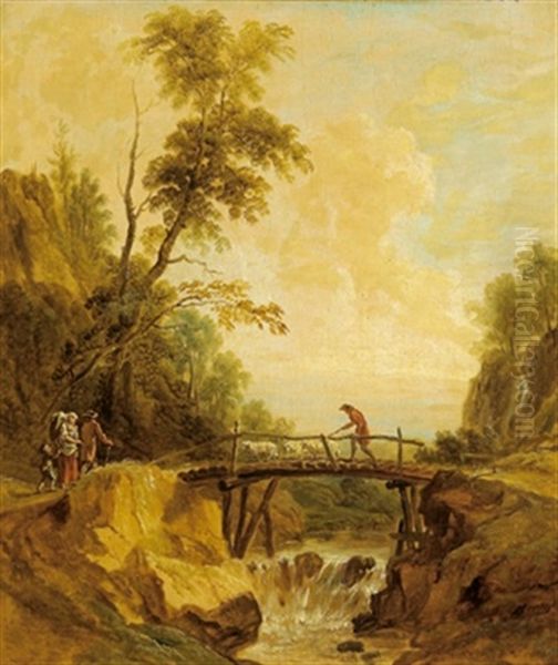 Bewaldete Landschaft Mit Einem Sturzbach, Einem Steg Und Reisenden Oil Painting by Francesco Giuseppe Casanova