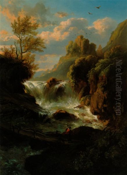 Wasserfall Im Gebirge Mit Einem Wanderer Oil Painting by Francesco Giuseppe Casanova