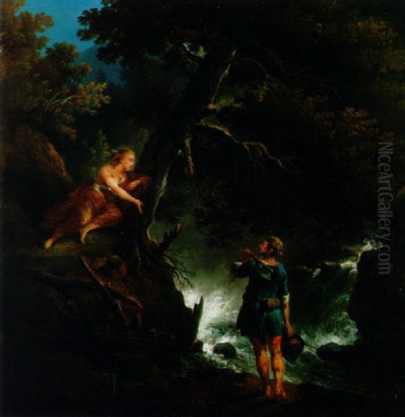 Landmann Und Eine Nymphe An Einem Wasserfall Oil Painting by Francesco Giuseppe Casanova