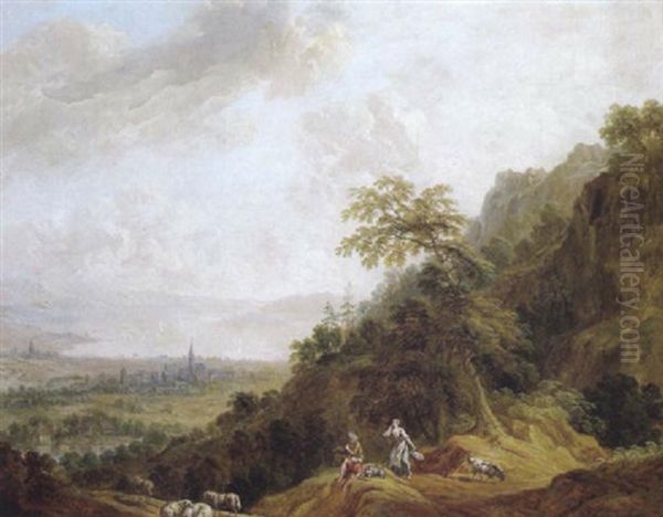 Weite, Gebirgige Landschaft Mit Einem See Und Einem Hirtenpaar Oil Painting by Francesco Giuseppe Casanova