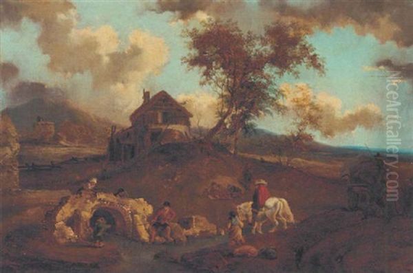 A River Landscape With Travellers And Peasants By A Bridge Oil Painting by Francesco Giuseppe Casanova