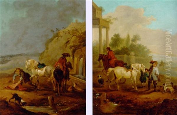 Horsemen Stopping At A Well Oil Painting by Francesco Giuseppe Casanova