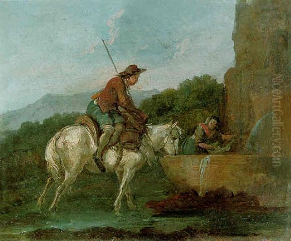 A Traveller At A Fountain In A Wooded Landscape Oil Painting by Francesco Giuseppe Casanova