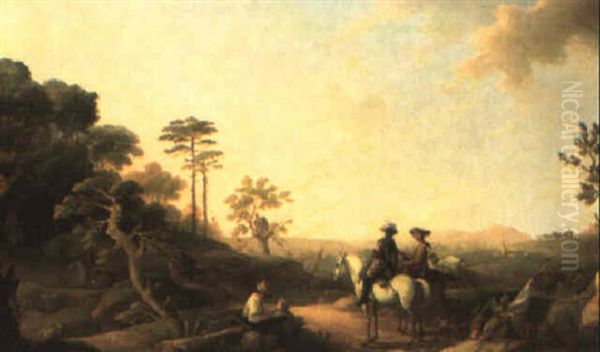 Coppia Di Cavalieri In Sosta Con Contadina. . . Oil Painting by Francesco Giuseppe Casanova