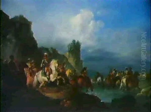 Weite Flusslandschaft Mit Berittenen, Die Einen Fluss       Durchqueren Oil Painting by Francesco Giuseppe Casanova