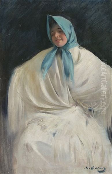 Chula Con Panuelo Azul Oil Painting by Ramon Casas