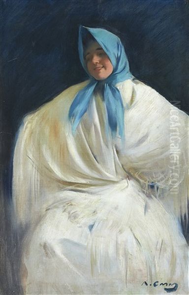 Chula Con Panuelo Azul (girl With A Blue Scarf) Oil Painting by Ramon Casas