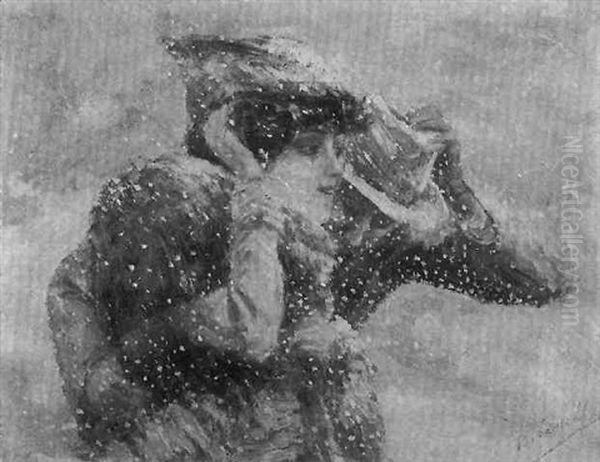 A Woman And Man In Snowstorm Oil Painting by Basilio Cascella