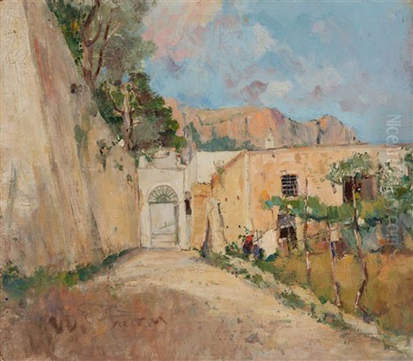 Scorcio Con Case E Figura Oil Painting by Giuseppe Casciaro