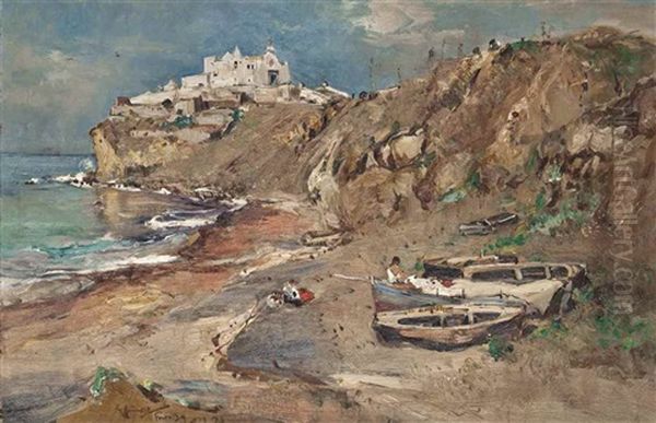 Fishermen In The Bay With Chiesa Del Soccorso Beyond, Forio, Ischia Oil Painting by Giuseppe Casciaro