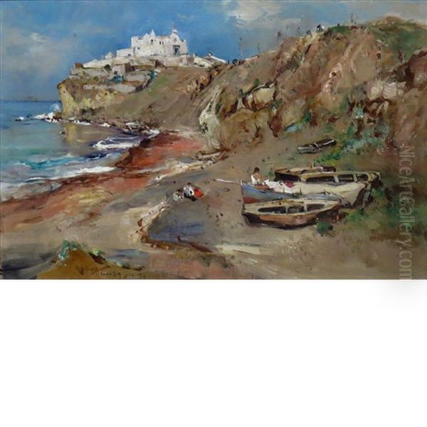 Coastal Fishing Village Oil Painting by Giuseppe Casciaro