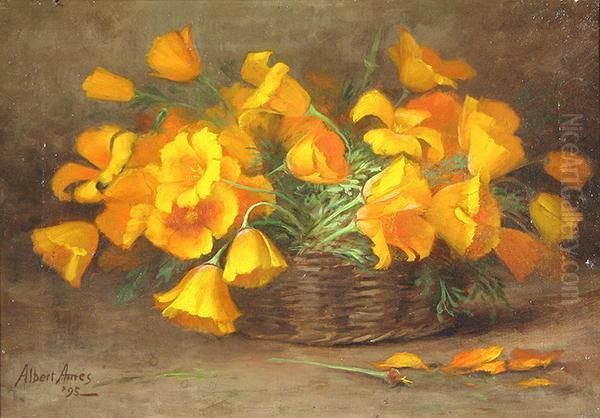 Poppies In A Straw Basket Oil Painting by Albeert Ames