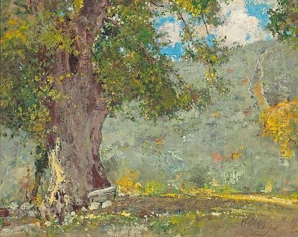 A Linden Tree (+ Horse-chestnut Trees At A Villa; 2 Works) Oil Painting by Giuseppe Casciaro