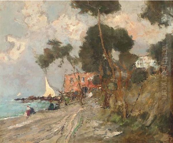 Fisherfolk On The Capri Coast Oil Painting by Giuseppe Casciaro