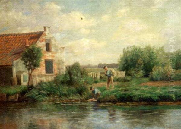 Rural Landscape With A Cottage And Two Men Beside A River Oil Painting by Edmund Elisha Case