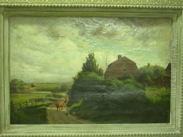 Landscape With A Red Farm House And Cows And Chickens On A Dirt Road, Sea In The Distance Oil Painting by Edmund Elisha Case