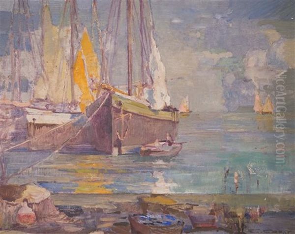 Harbor View With Boats Oil Painting by Ettore Caser