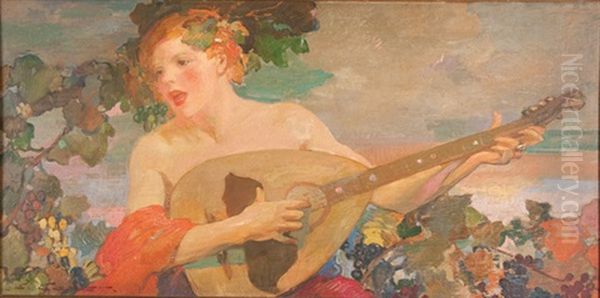 Boy With Musical Instrument Oil Painting by Ettore Caser