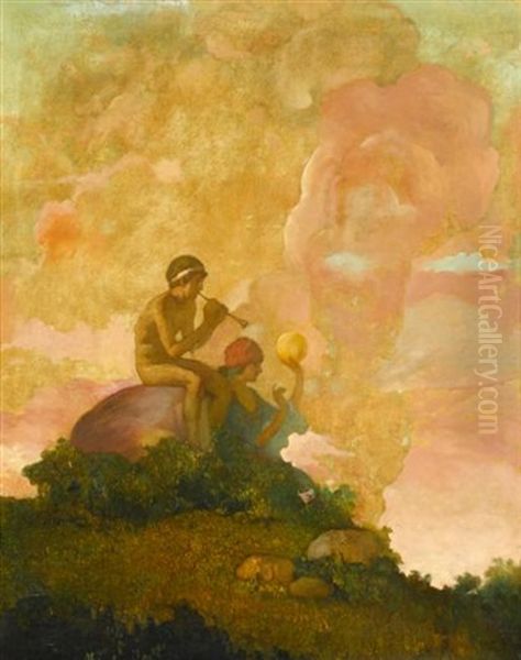 Two Figures At Daybreak Oil Painting by Ettore Caser