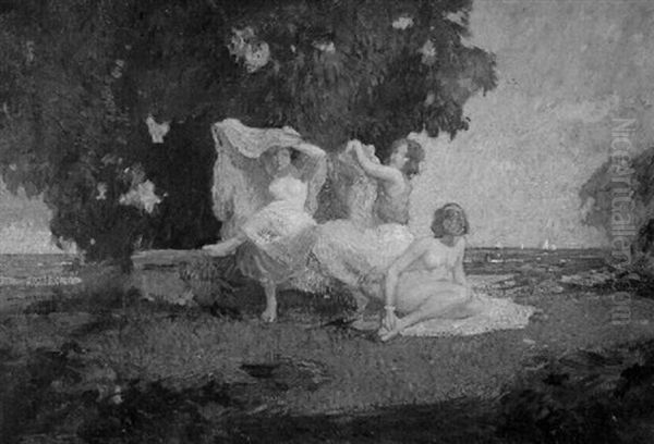 Girls Preparing For A Swim Oil Painting by Ettore Caser