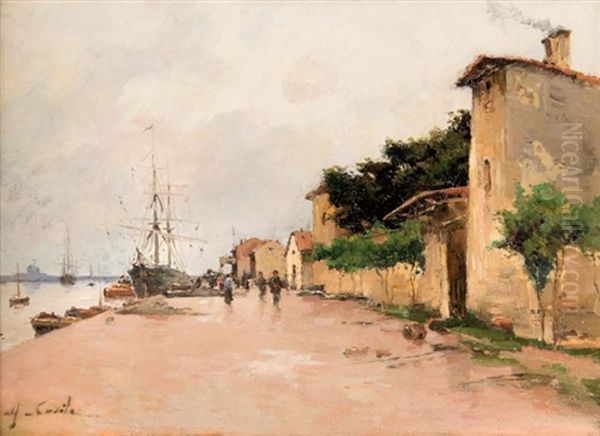 Maisons Sur Le Quai Anime De Voiliers Et Personnages Oil Painting by Alfred Casile