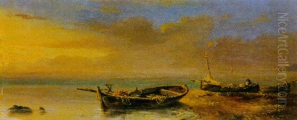 Fischerboote Am Strand Bei Sonnenuntergang Oil Painting by Alfred Casile