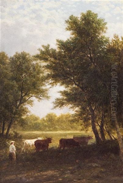 Landscape With Cows Oil Painting by John William Casilear