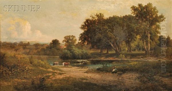 Shepherdess And Cattle At A River's Edge Oil Painting by John William Casilear