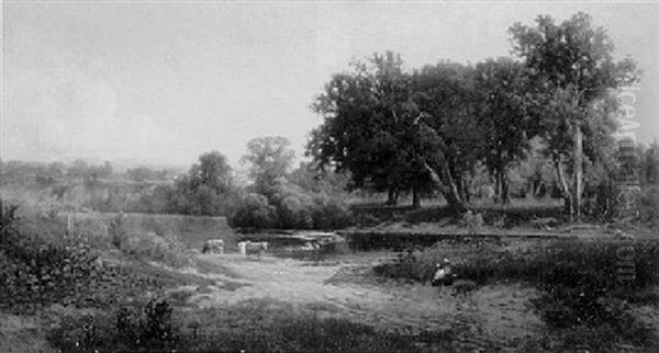 Figures And Cattle At The River's Edge Oil Painting by John William Casilear