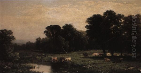 Bucolic Landschape With Cows Oil Painting by John William Casilear