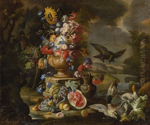 A Still Life With A Vase Of Flower, Birds, A Watermelon, Peaches, Gapes, And Other Fruit In An Outdoor Setting Oil Painting by Nicola Casissa