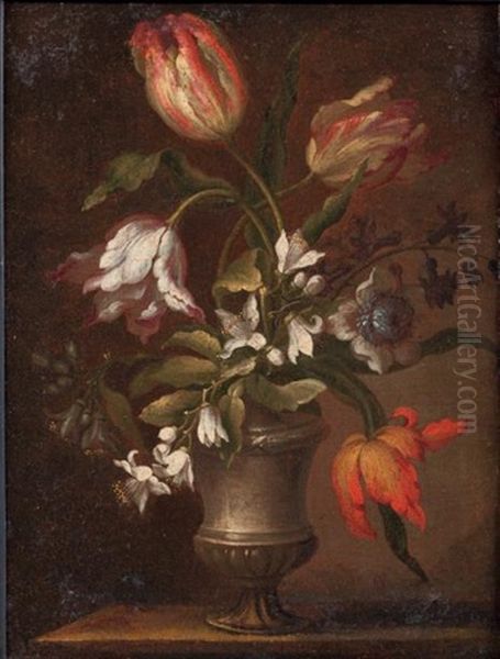 Jetee De Fleurs Dans Des Vases Medicis Sur Un Entablement, (2 Works) Oil Painting by Nicola Casissa