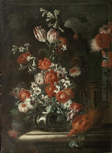 Tulips, Narcissi, Carnations And Other Flowers In A Pewter Vase Oil Painting by Nicola Casissa