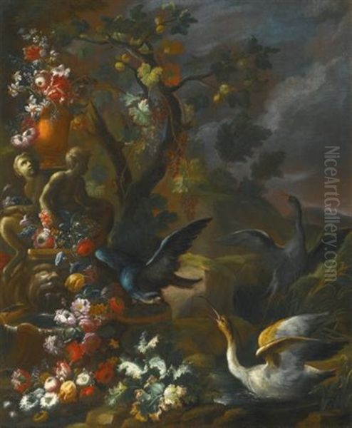 An Outdoor Still Life With Birds Beside An Ornate Sculpted Fountain Oil Painting by Nicola Casissa