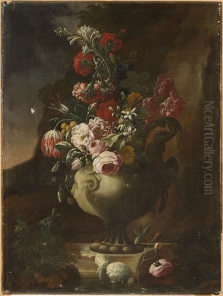 Grande Composition Au Vase Fleuri De Tulipes, Oeillets, Roses Sur Une Pierre Oil Painting by Nicola Casissa