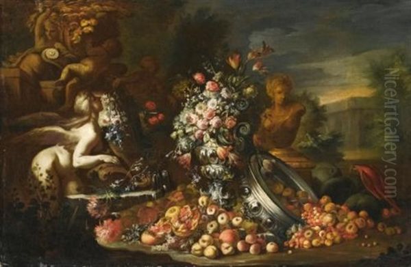 An Elaborate Still Life With A Fountain And Classical Statues, Flowers In A Vase, A Parrot And Various Fruits Spilt From An Upturned Bowl, All In An Elegant Park Setting Oil Painting by Nicola Casissa