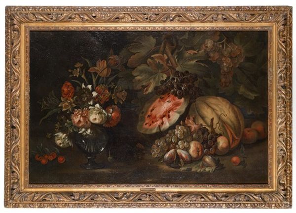 Ein Stillleben Von Moosrosen, Tulpen, Lilien Und Anderen Blumen In Einer Glasvase Neben Wassermelonen, Feigen Und Trauben Auf Einer Tischkante Oil Painting by Nicola Casissa