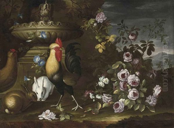 Roosters, Rabbits And Roses Before A Fountain, In A Landscape Oil Painting by Nicola Casissa