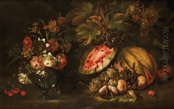 Nature Morte Au Bouquet De Fleurs, Melons Raisins, Figues Et Peches Oil Painting by Nicola Casissa