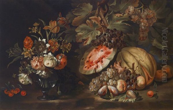 Ein Stillleben Von Moosrosen, Tulpen, Lilien Und Anderen Blumen In Einer Glasvase Neben Wassermelonen, Feigen Und Trauben Auf Einer Tischkante by Nicola Casissa