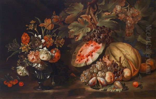 Ein Stillleben Von Blumen In Einer Glasvase Neben Wassermelonen, Feigen Und Trauben Auf Einer Tischkante Oil Painting by Nicola Casissa