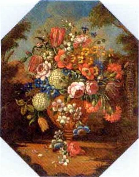 Roses, Carnations, Morning Glory, Narcissi And Other Mixed Flowers In An Urn In A Clearing (+ Tulips, Roses, Narcissi, Wheat And Mixed Flowers In An Urn In A Clearing; Pair) Oil Painting by Nicola Casissa